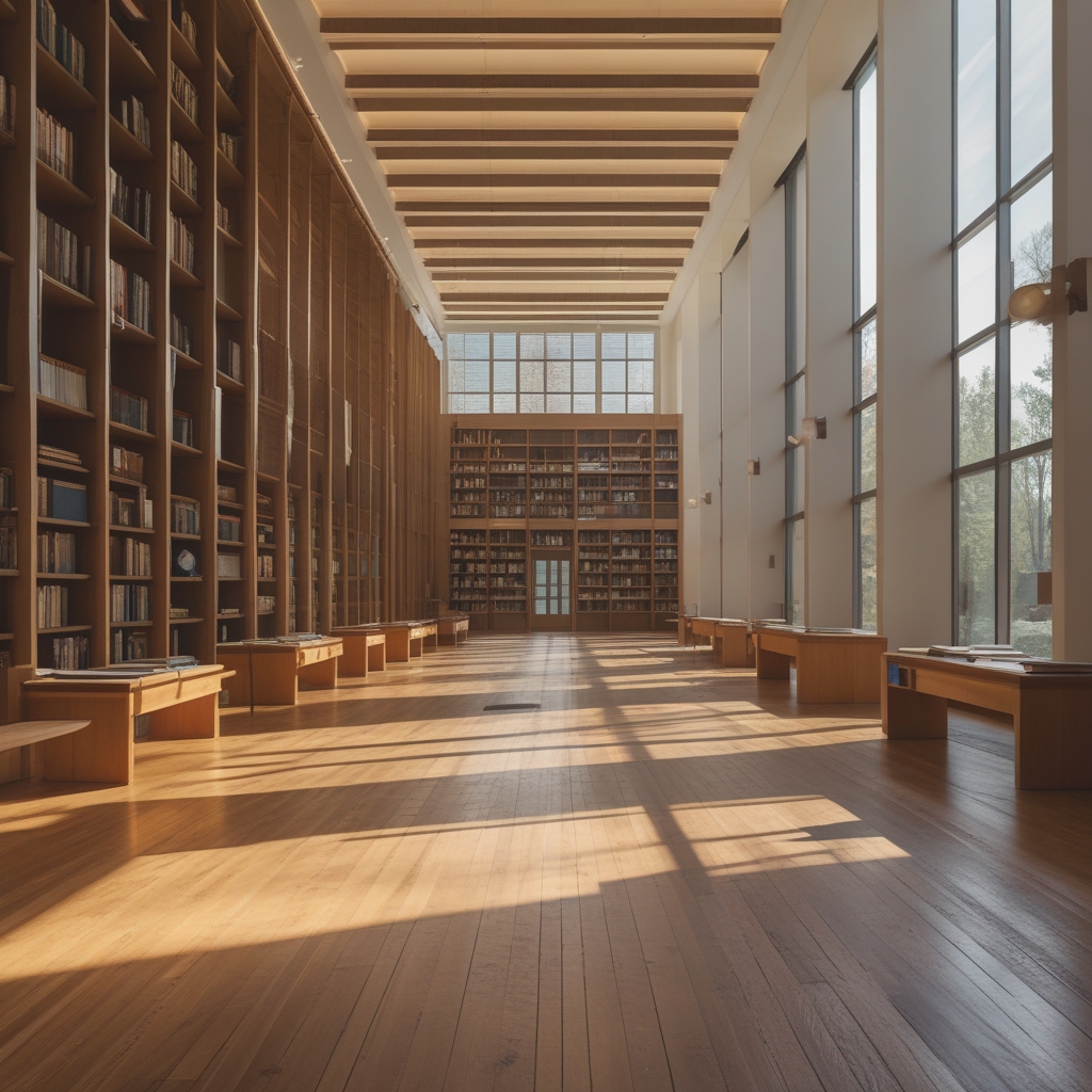 Wide interior view of a well-organized reading room with large windows, natural daylight streaming in, tall bookshelves, wooden tables with open books and a sense of scholarly calm