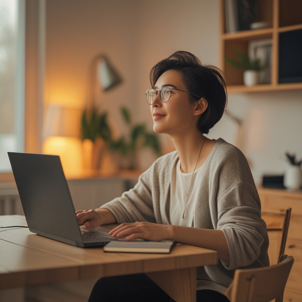 Person sitting at a modern wooden desk with a laptop in a softly lit home office, looking slightly away from the screen with a relaxed and thoughtful expression, warm ambient lighting