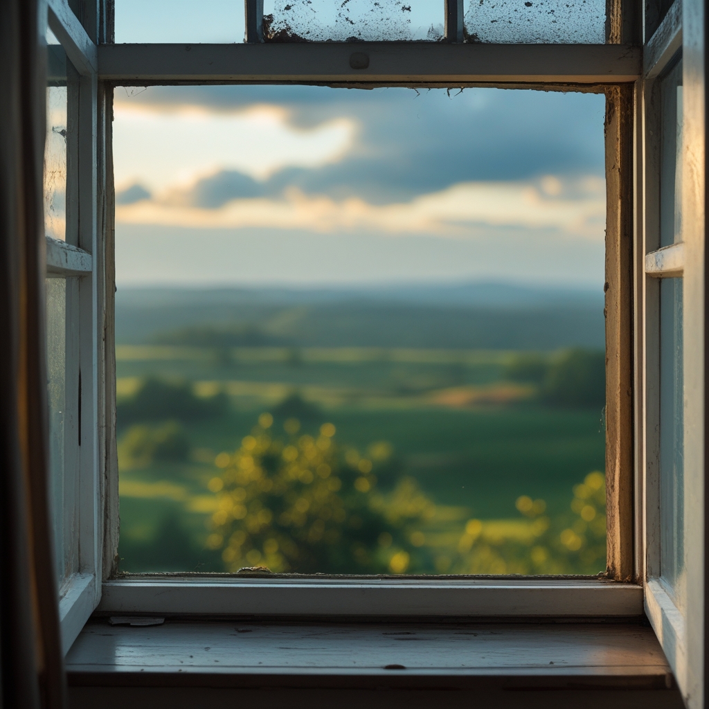 View through a window with a clear near object in the foreground and a blurred green landscape in the background, illustrating near-far focus shift concept