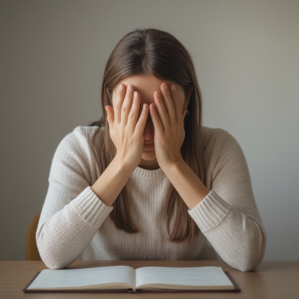 Person sitting at a table gently covering their eyes with slightly curved warm palms, elbows resting on the desk, in a calm meditation-like pose in a quiet room